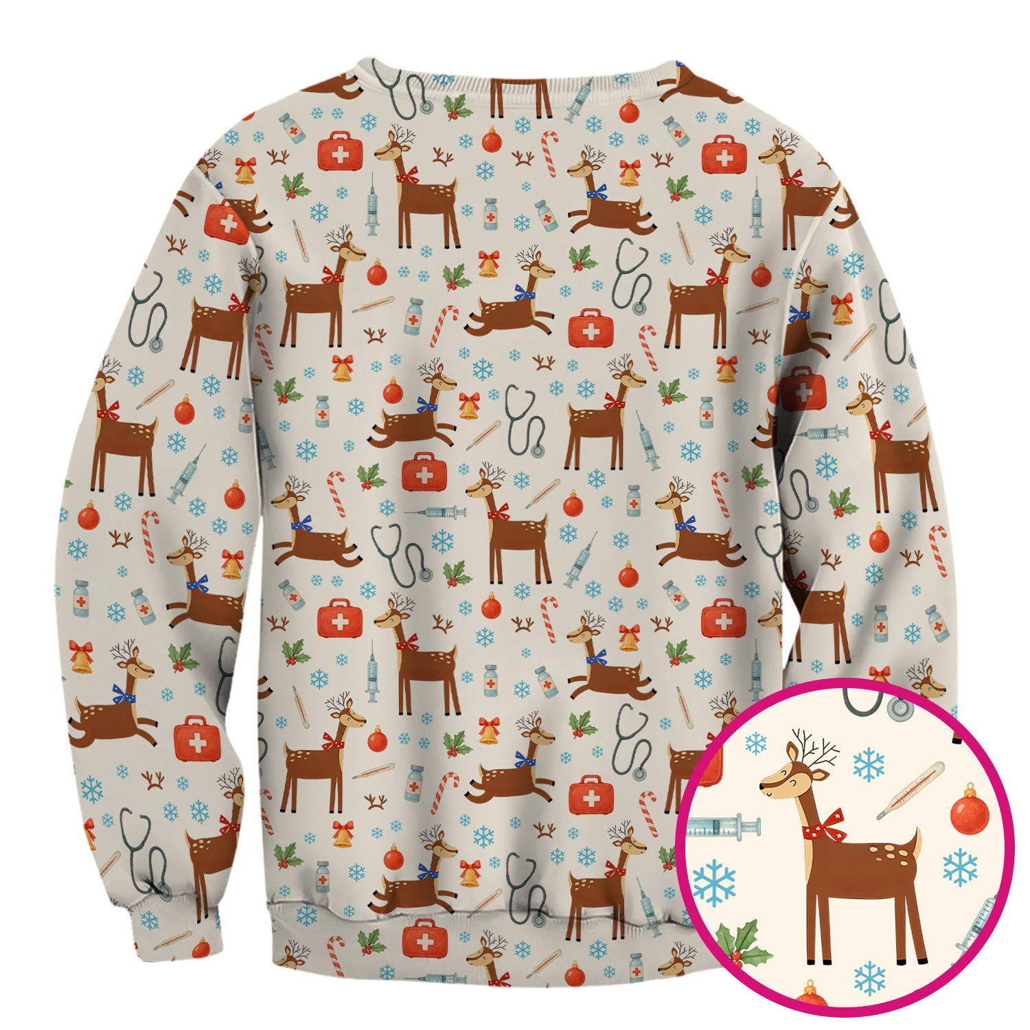 Reindeer Christmas Scrub Top - Snowflakes Candy Canes Holiday Medical Shirt - Xmas Scrubs for Women RN CNA LPN