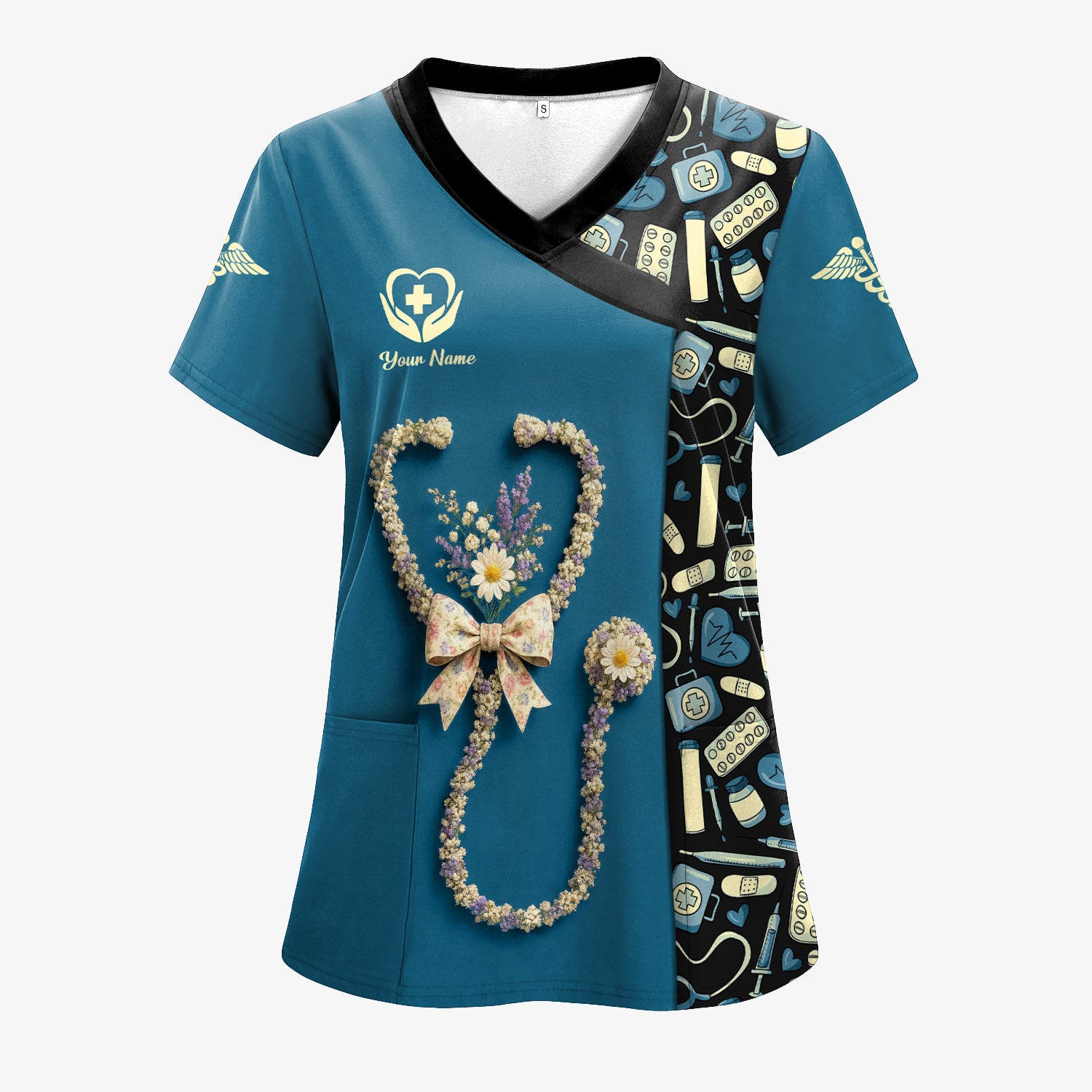 Colorful Nurse Scrubs for Women RN CNA LPN - Inspirational Floral Stethoscope Top with Heart Design - Gift for Healthcare Workers with Custom Name