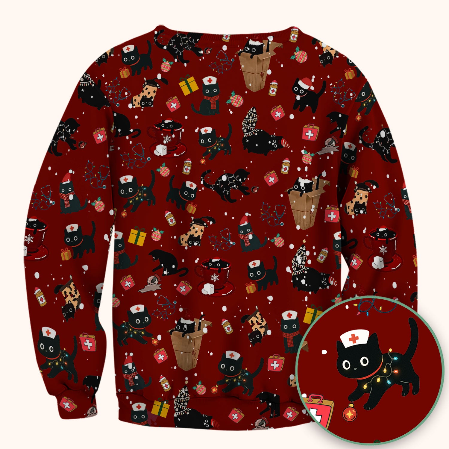 Funny Cat Scrub for Women - Christmas Black Cats Comfortable Scrubs for Nurses - Breathable Fabrics Nursing Uniform