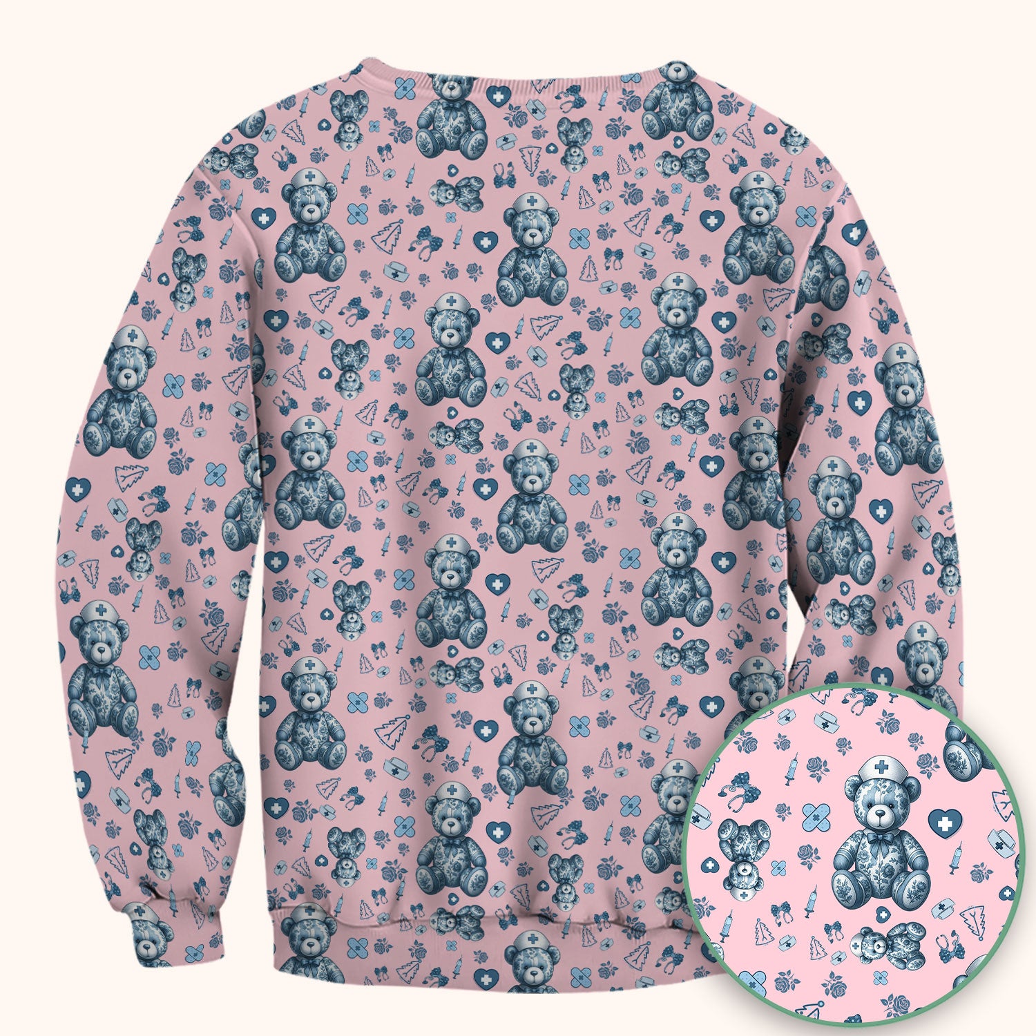 Toile Teddy Bear Nurse Scrub Top - Elegant Blue Toile de Jouy Pattern Medical Shirt for Women - Cute Vintage Nursing Uniform Gift