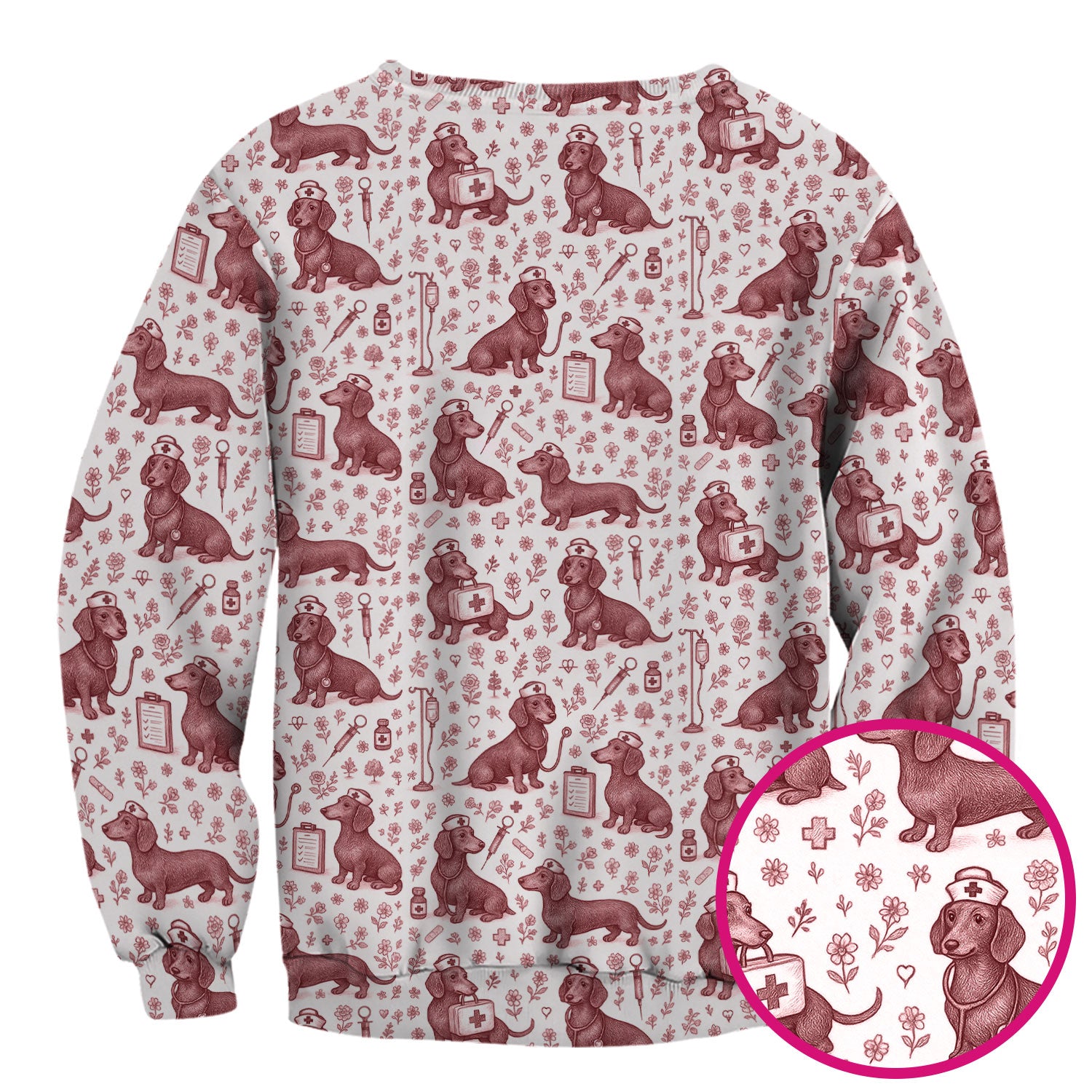 Dachshund Nurse Scrub Top - Cute Dog Pattern Scrubs for Women - Funny Medical Shirt with Vintage Line Art Design