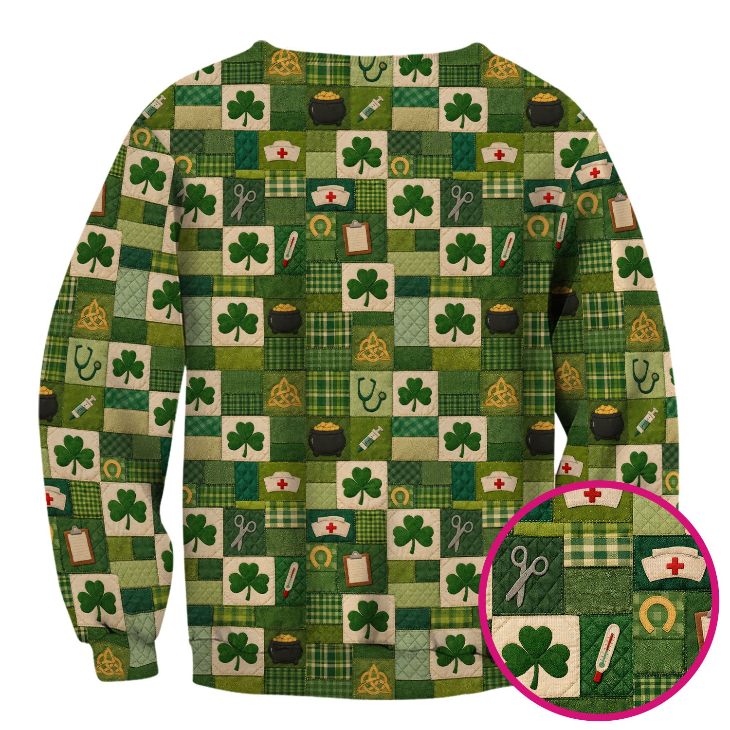 St Patrick Medical Patchwork Shamrock Scrub Top, Comfortable Scrubs for Nurses