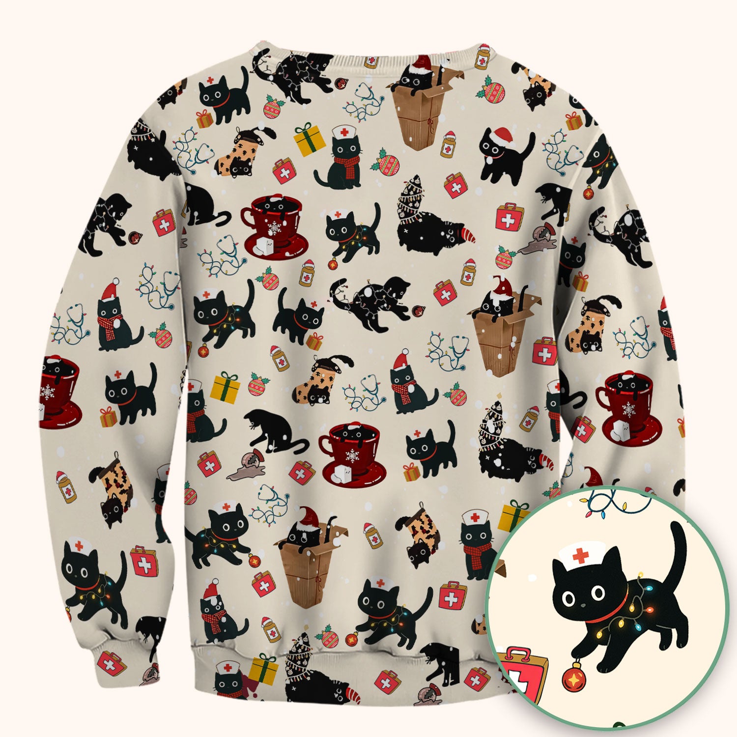 Christmas Cat Scrub Top for Nurse - Funny Black Cats Shirt - Cute Holiday Medical Uniform for Women