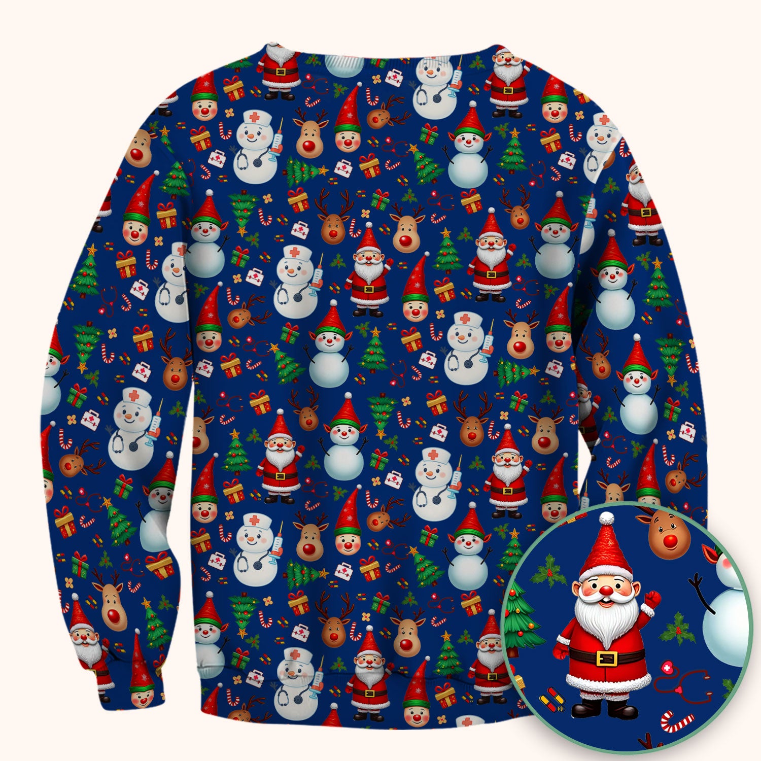 Christmas Scrub Top for Nurses - Cute Snowman Reindeer Santa Pattern - Holiday Medical Uniform RN CNA LPN Gift