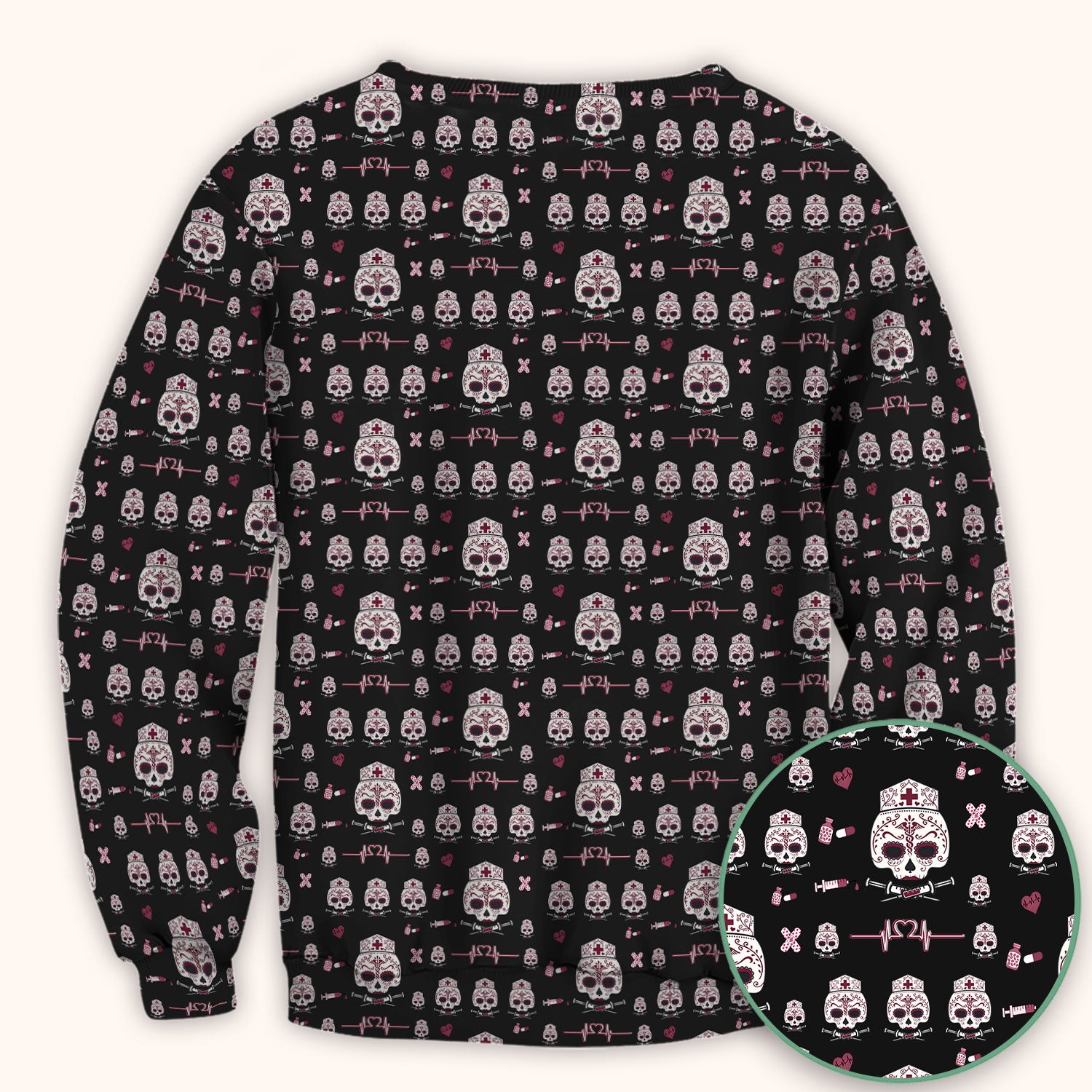 Sugar Skull Scrub Top, Skull Pattern Scrub Shirt, Breathable Fabrics Nursing Uniform