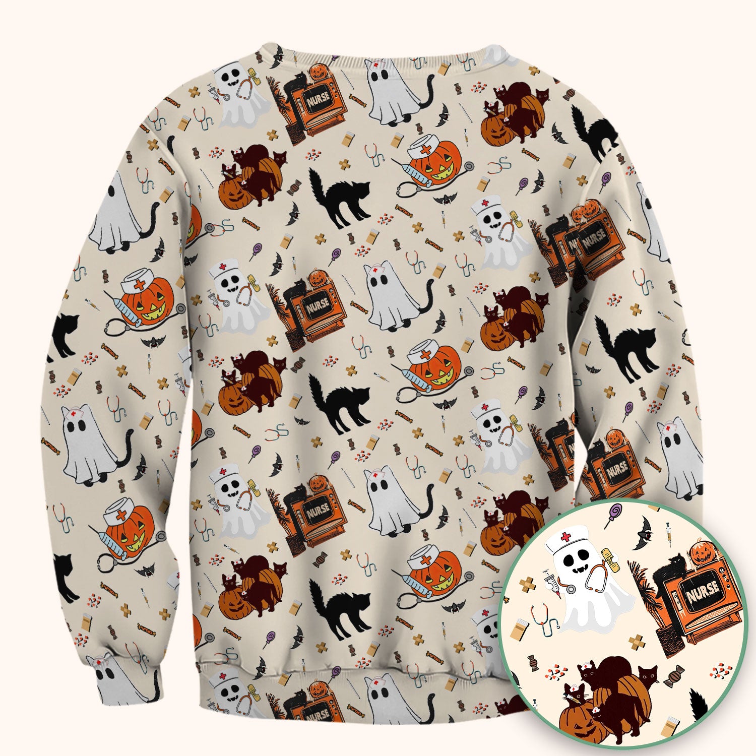 Halloween Scrub Top for Nurse - Cute Pumpkin Ghost Cat Medical Shirt - Spooky Scrubs for Women RN CNA LPN