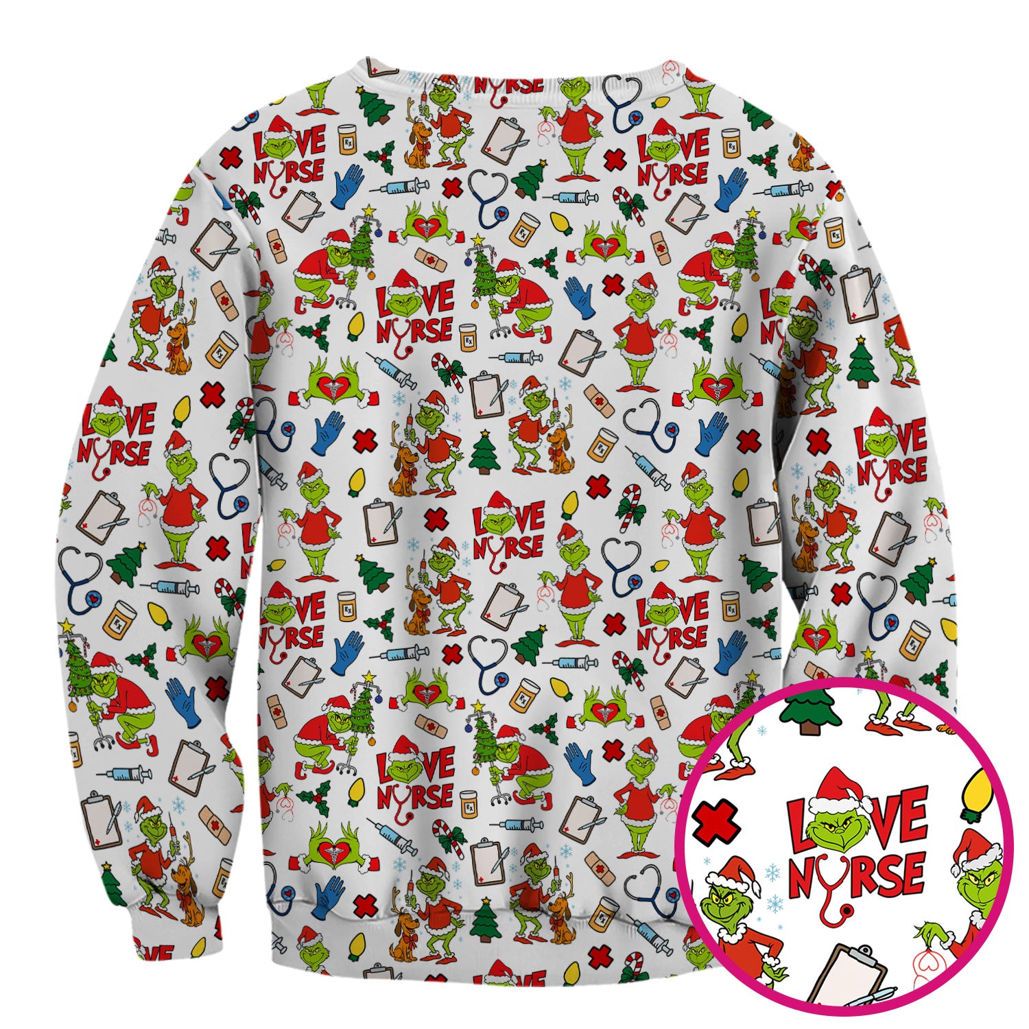 Funny Grinch Love Nurse Scrub Top - Multi Color Christmas Scrub Shirt - Cute Holiday Nursing Workwear with Pockets for Women