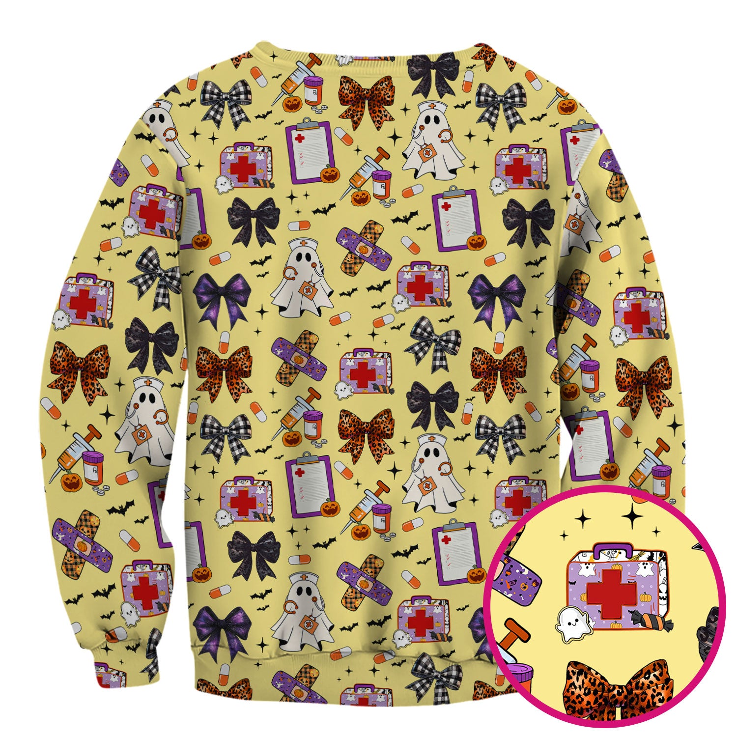 Halloween Nurse Scrub Top - Cute Ghost & Bow Medical Scrubs - Yellow Nursing Shirt with Colorful Halloween Print