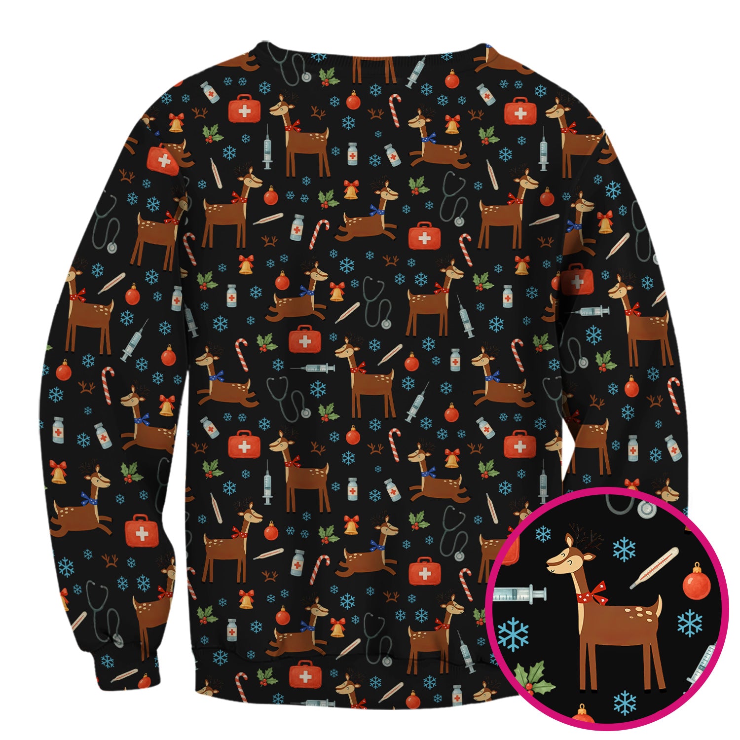 Christmas Reindeer Scrub Top for Nurses - Cute Reindeers Snowflakes Candy Canes Shirt - Comfortable Med Uniform