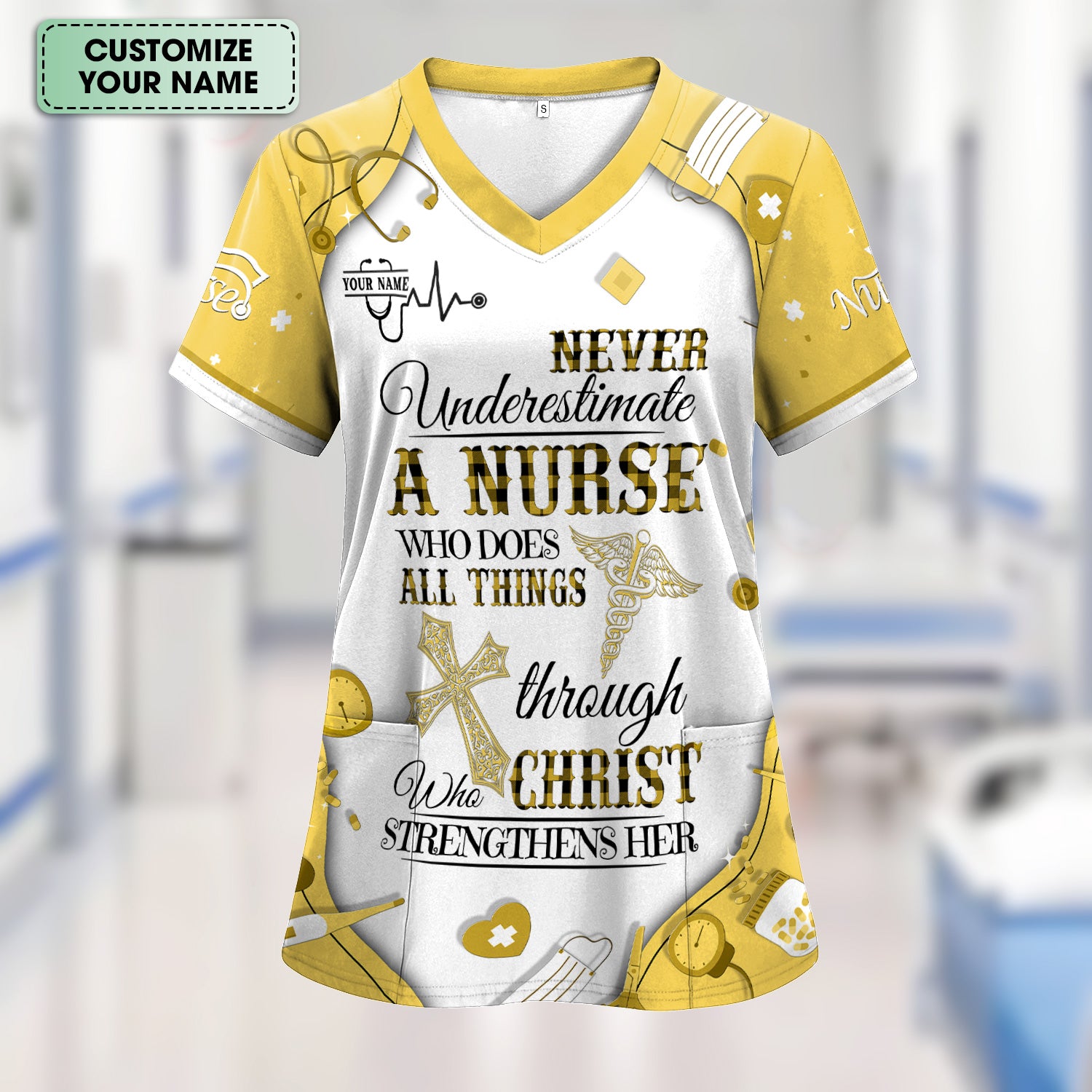 Faith-Based Personalized Nursing Scrub for Women - Bible Verse All Things Through Christ - Gift for RN, LPN, CNA Healthcare Professionals