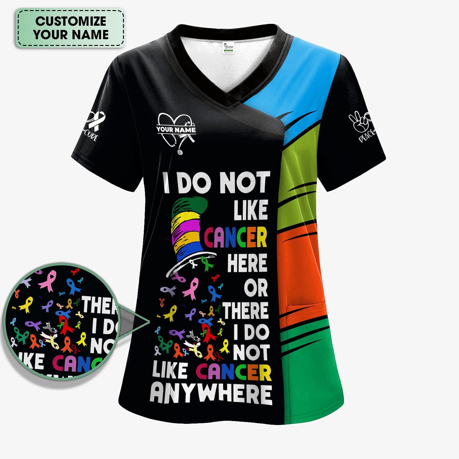 Personalized Breast Cancer Awareness Scrub Top - I Do Not Like Cancer Anywhere - Gift for Women RN LPN