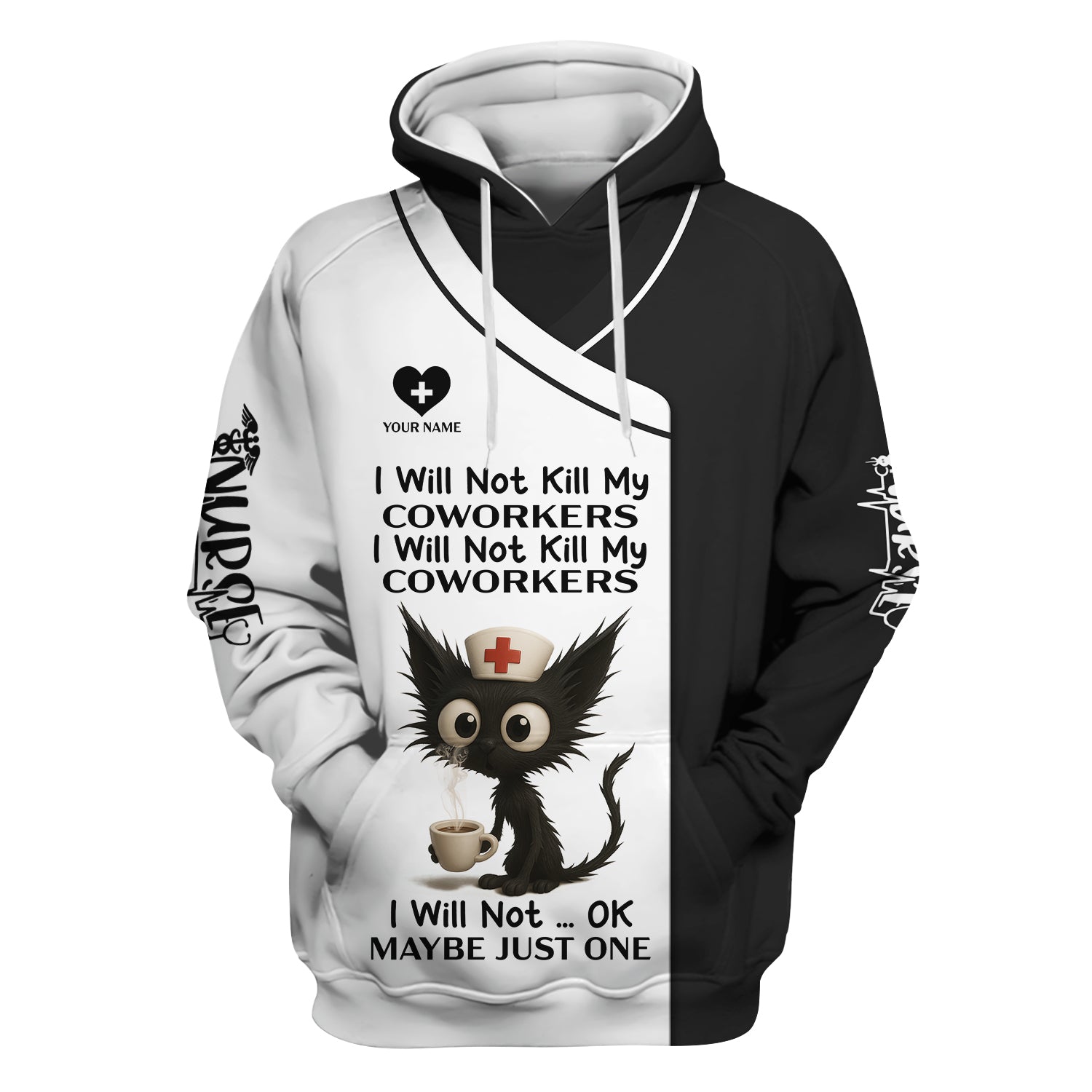 Custom Funny Nurse Shirt with Angry Cat - I Will Not Kill My Coworkers Quote - Gift for RN LPN CNA Healthcare Workers