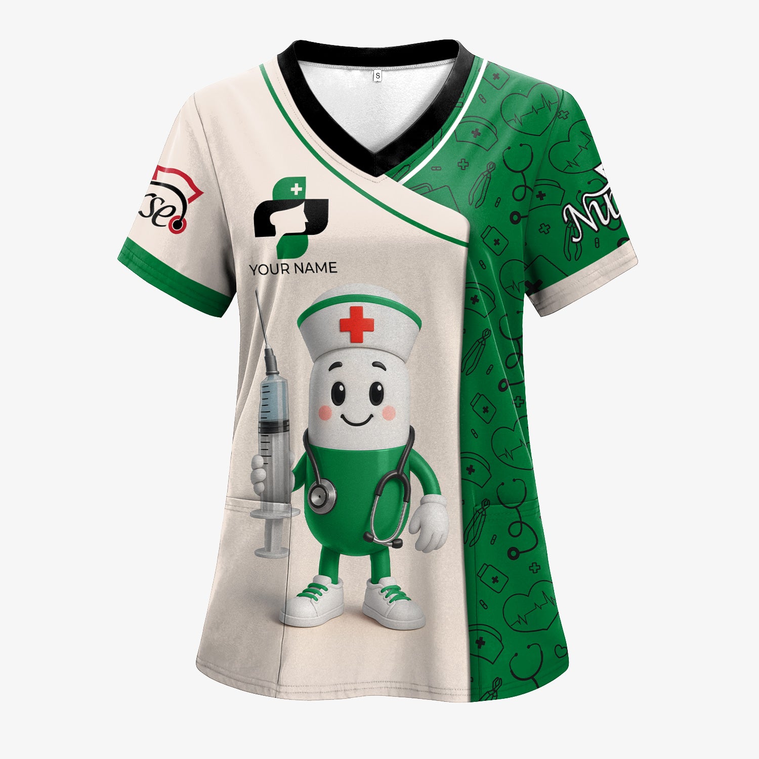 Personalized Medical Nurse Shirt - Cute Pill Cartoon Doctor with Syringe Stethoscope Design - Custom Name Gift for RN LPN CNA Multiple Color Options Available