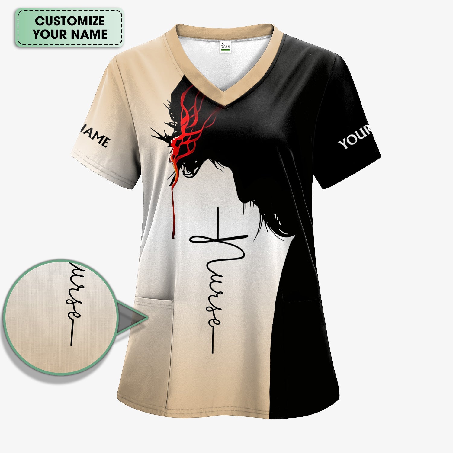 Personalized Christian Nurse Scrub Top - Christian Cross & Jesus Faith Design - Gift for RN LPN CNA