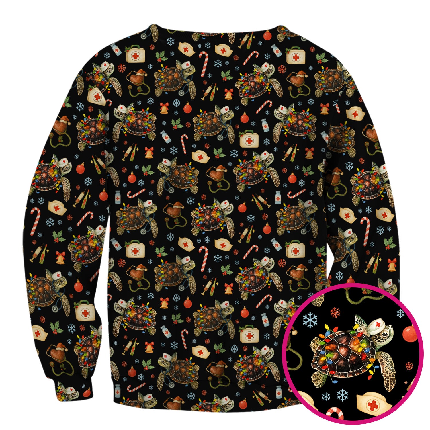Funny Christmas Scrub Top - Sea Turtle with Xmas Lights Shirt - Holiday Nurse Scrubs for Women