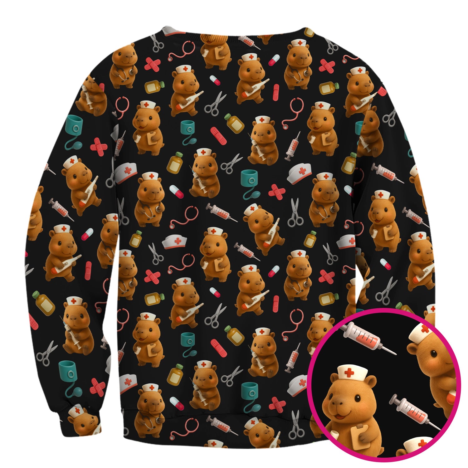 Funny Bear Scrub Top for Women - Nurse Hat and Syringe Pattern Medical Scrubs - Cute Teddy Nurse Shirt Gift for RN CNA LPN