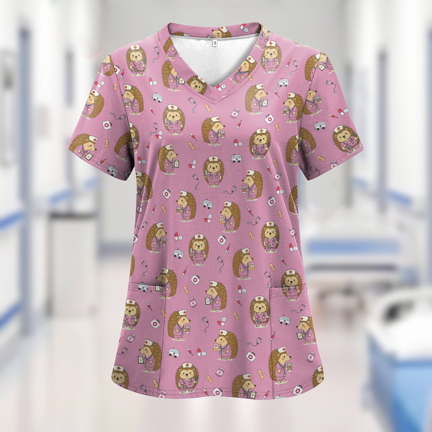 Cute Hedgehog Nurse Scrub Top - Funny Animal & Medical Design - Gift for Women RN LPN Pediatric Nurses