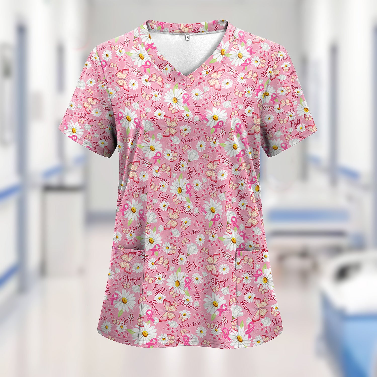 Breast Cancer Awareness Scrub - Warrior Survivor Hope & Pink Ribbon Top - Gift for Women RN LPN CNA