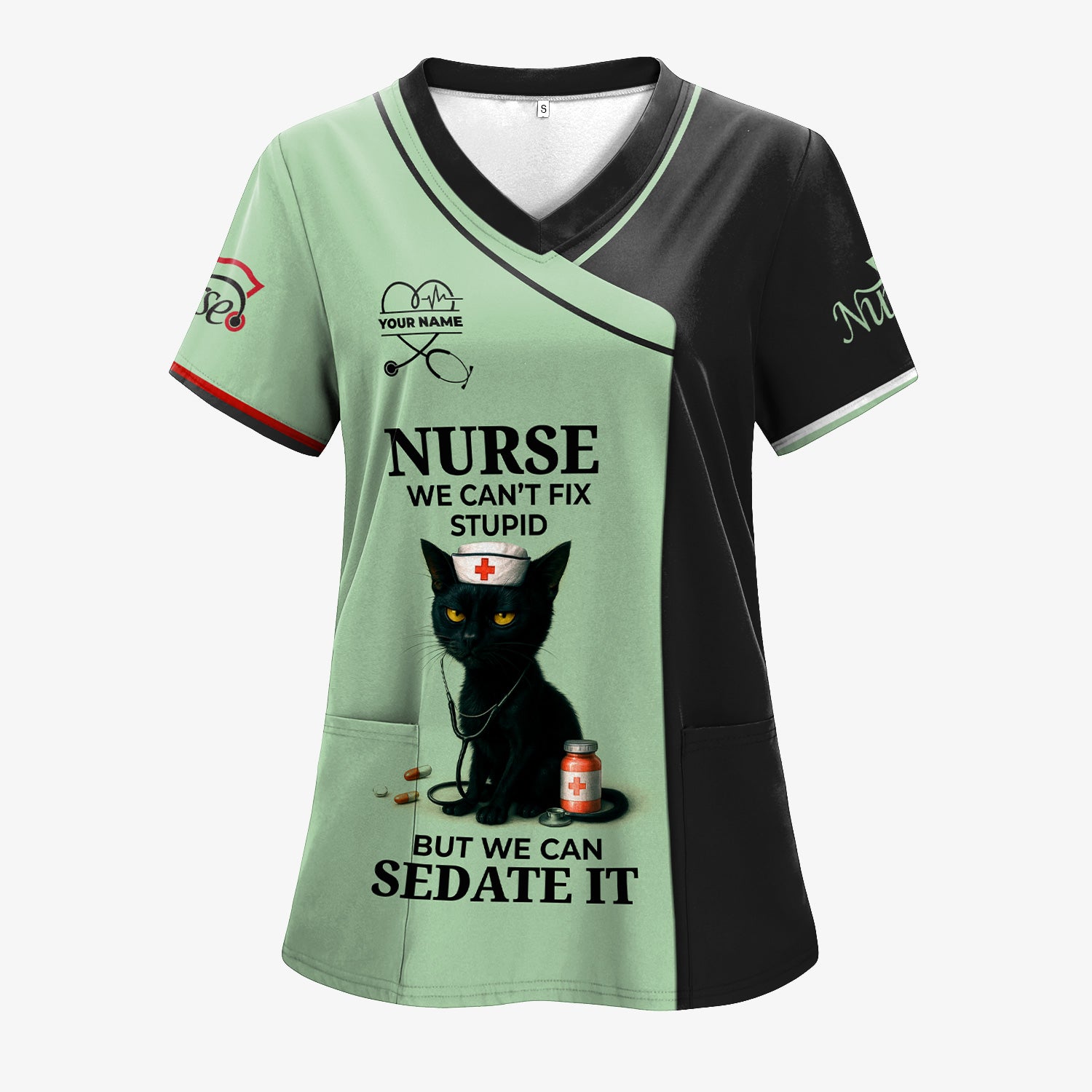 Custom Nursing Humor Scrub for Women - Black Cat We Can’t Fix Stupid But We Can Sedate It Quote - Multiple Color Options Gift for RN LPN CNA