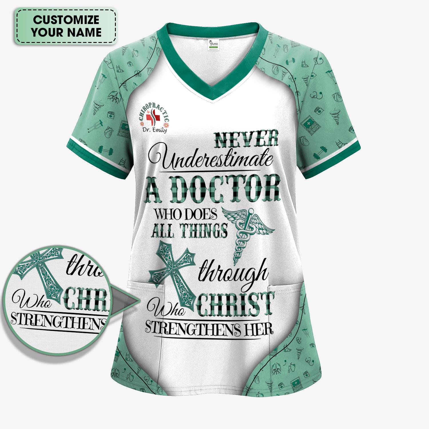 Personalized Christian Scrub Top - Never Underestimate a Doctor - Gift for Women Doctors & Medical Professionals