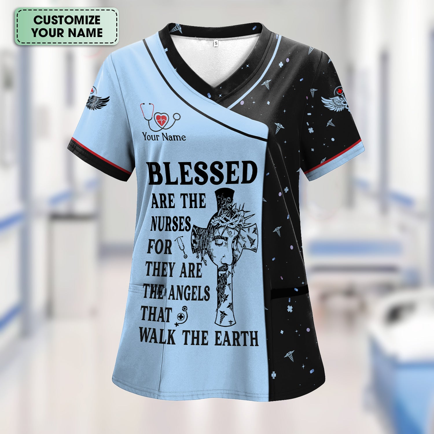Personalized Christian Nurse Scrub Top - Jesus Cross & Angels That Walk The Earth Quote - Gift for Women RN LPN