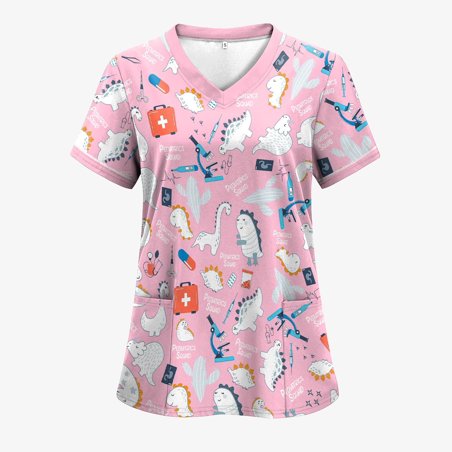 Personalized Pediatric Nurse Scrubs for Women - Cute Dino Print Medical Shirt - Gift for RN, CNA, LPN, Medical Staff