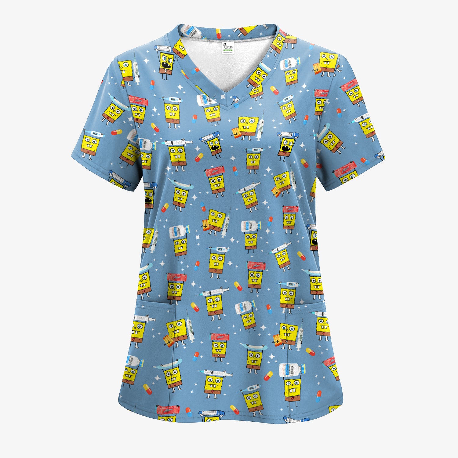 Cartoon Character Scrub Top - All-Over Print Doodle Medical Characters - Gift for RN LPN Healthcare Workers