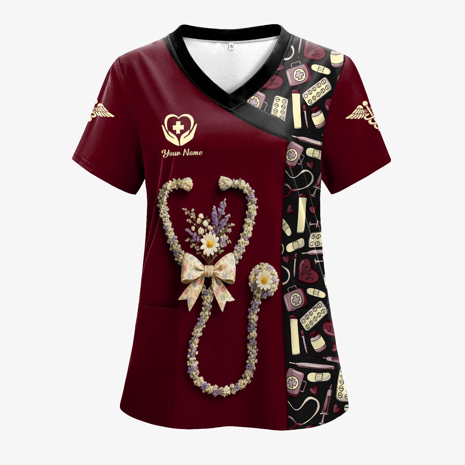 Colorful Nurse Scrubs for Women RN CNA LPN - Inspirational Floral Stethoscope Top with Heart Design - Gift for Healthcare Workers with Custom Name