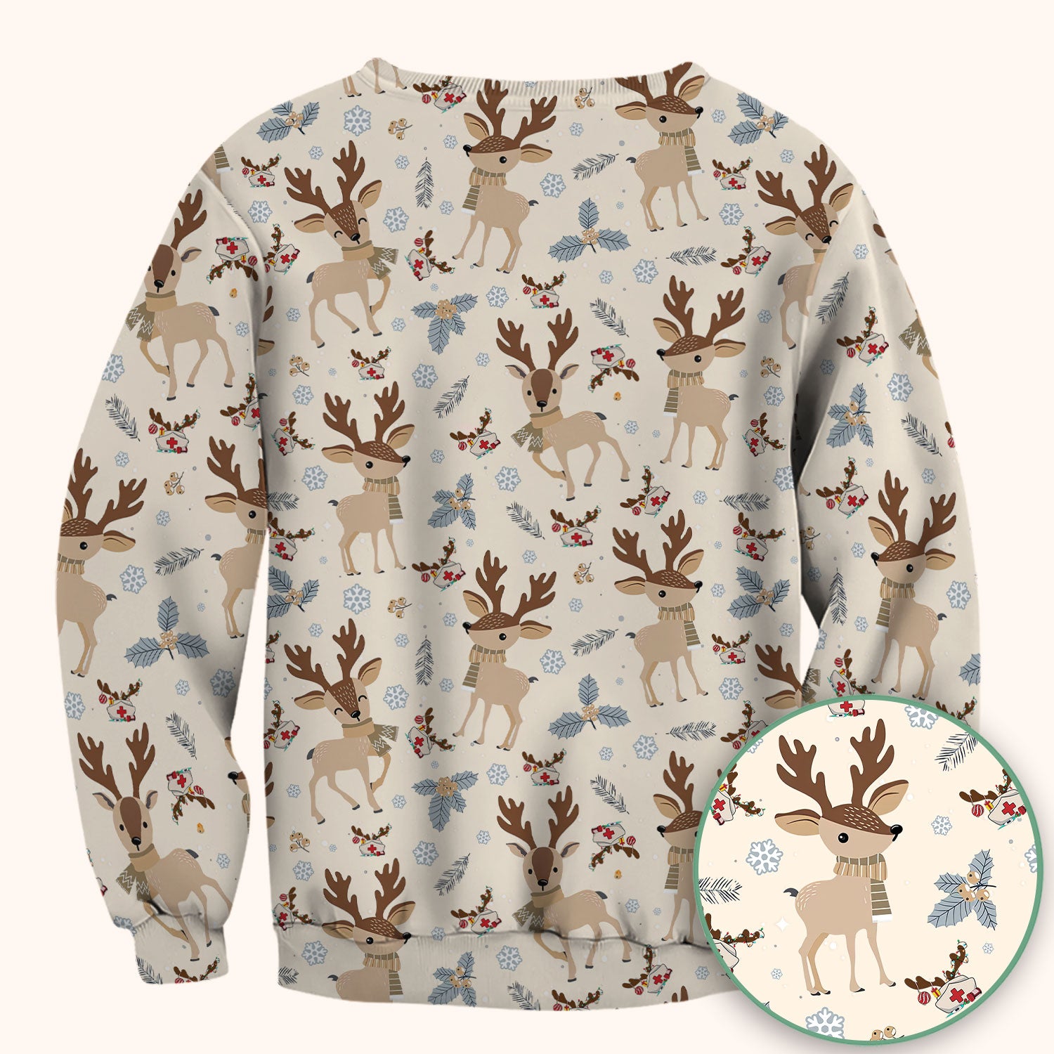 Reindeer Christmas Scrub Top - Cozy Beige Holiday Nurse Shirt with Cute Deer Pattern - Festive Medical Scrubs for Women RN CNA LPN