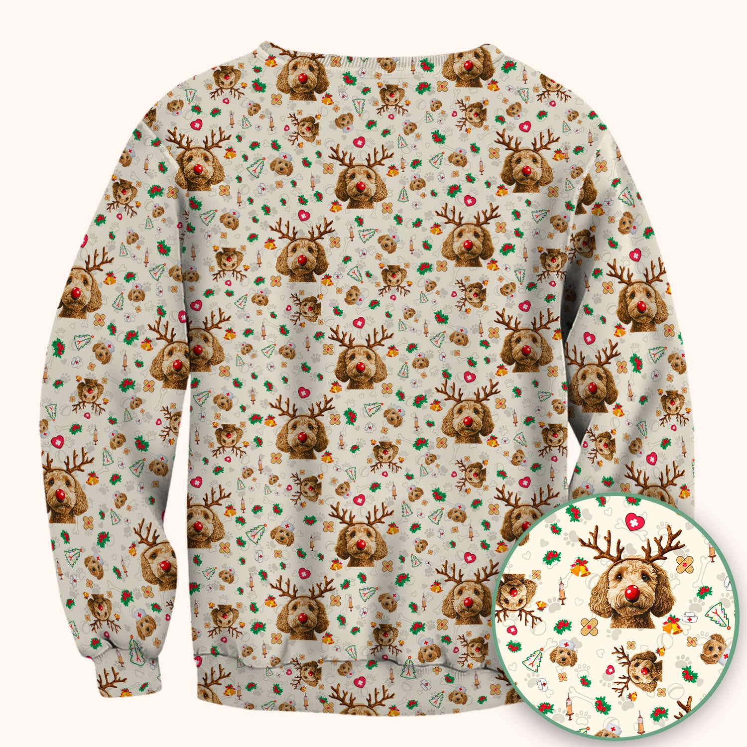 Labradoodle Reindeer Christmas Scrub Top - Funny Dog Nurse Shirt - Cute Holiday Medical Uniform for Women RN LPN CNA Gift