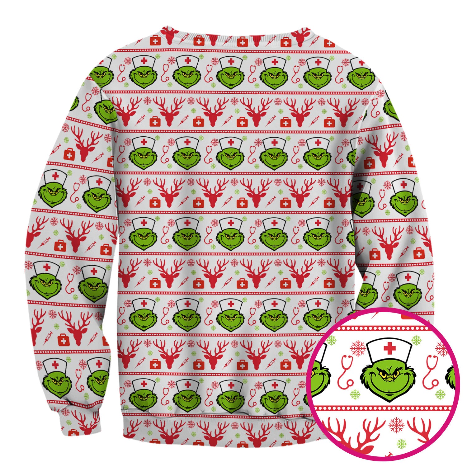 Funny Grinch Nurse Scrubs Top - Ugly Christmas Sweater Style Scrub Shirt - Holiday Nursing Workwear for Women