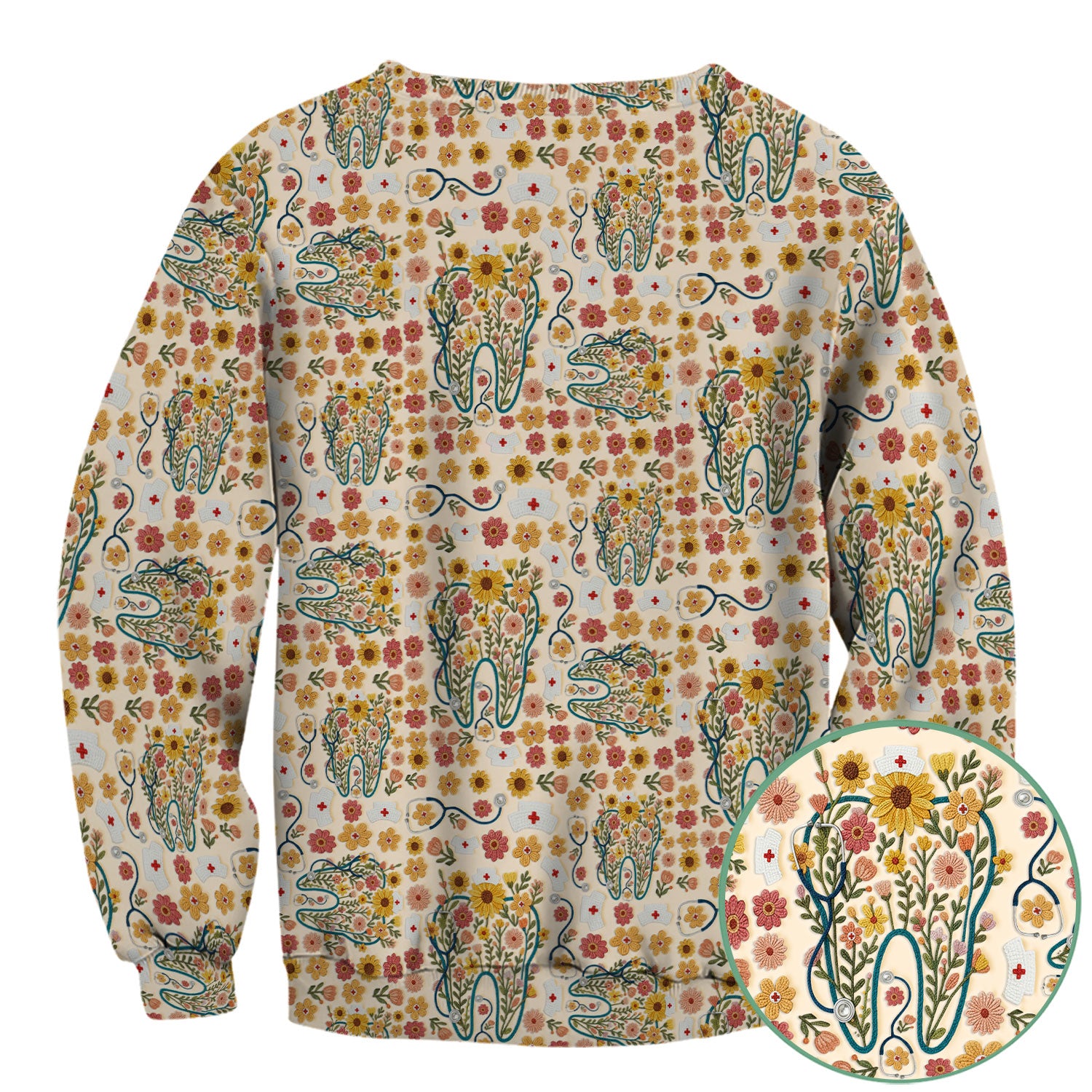 Boho Floral Tooth Scrub Top - Aesthetic Dental Scrubs for Women - Cute Flower Tooth Pattern Medical Uniform - Hygienist Christmas Gift