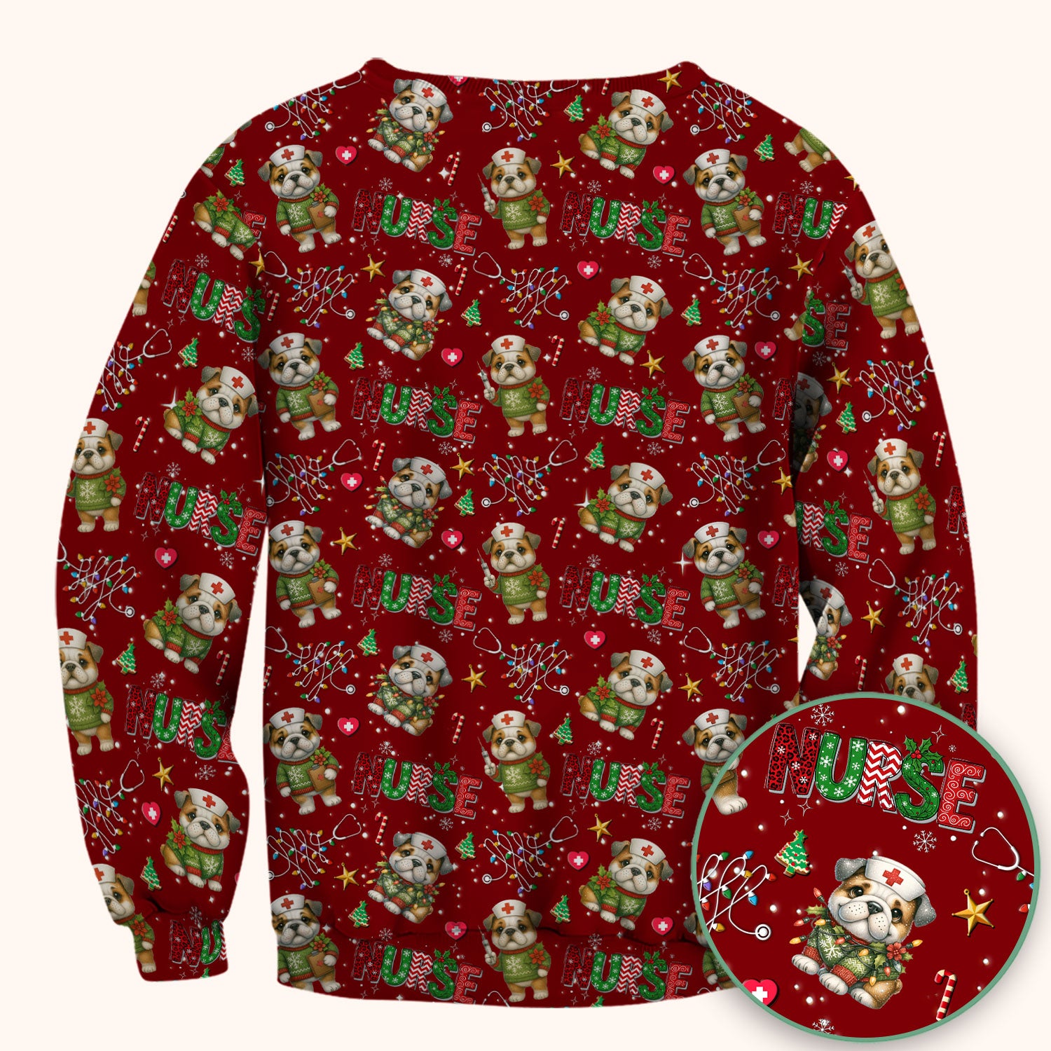 Bulldog Christmas Nurse Scrub Top - Funny Dog Scrub Shirt - Cute Holiday Medical Uniform for Women RN LPN CNA Gift