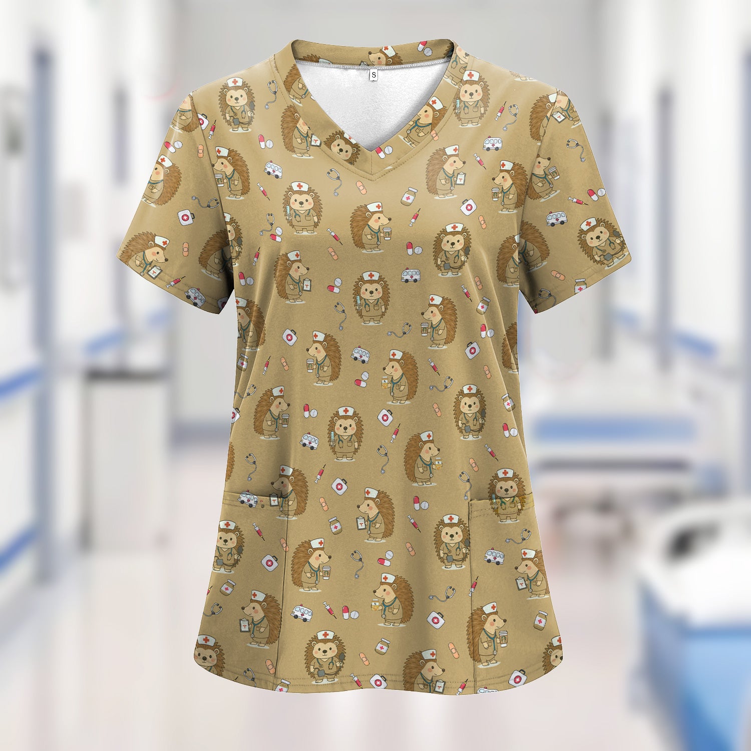 Cute Hedgehog Nurse Scrub Top - Funny Animal & Medical Design - Gift for Women RN LPN Pediatric Nurses