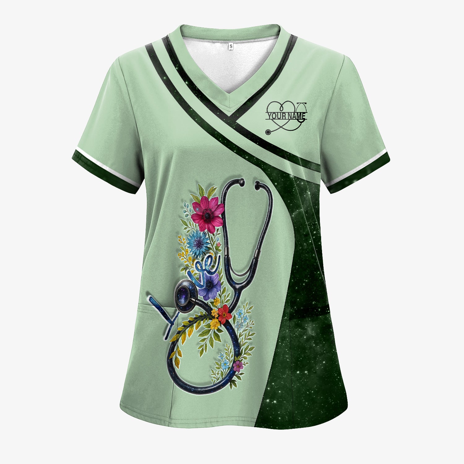 Custom Nurse Love T-Shirt - Floral Stethoscope & Galaxy Design - Personalized Gift for RN LPN CNA Healthcare Professionals