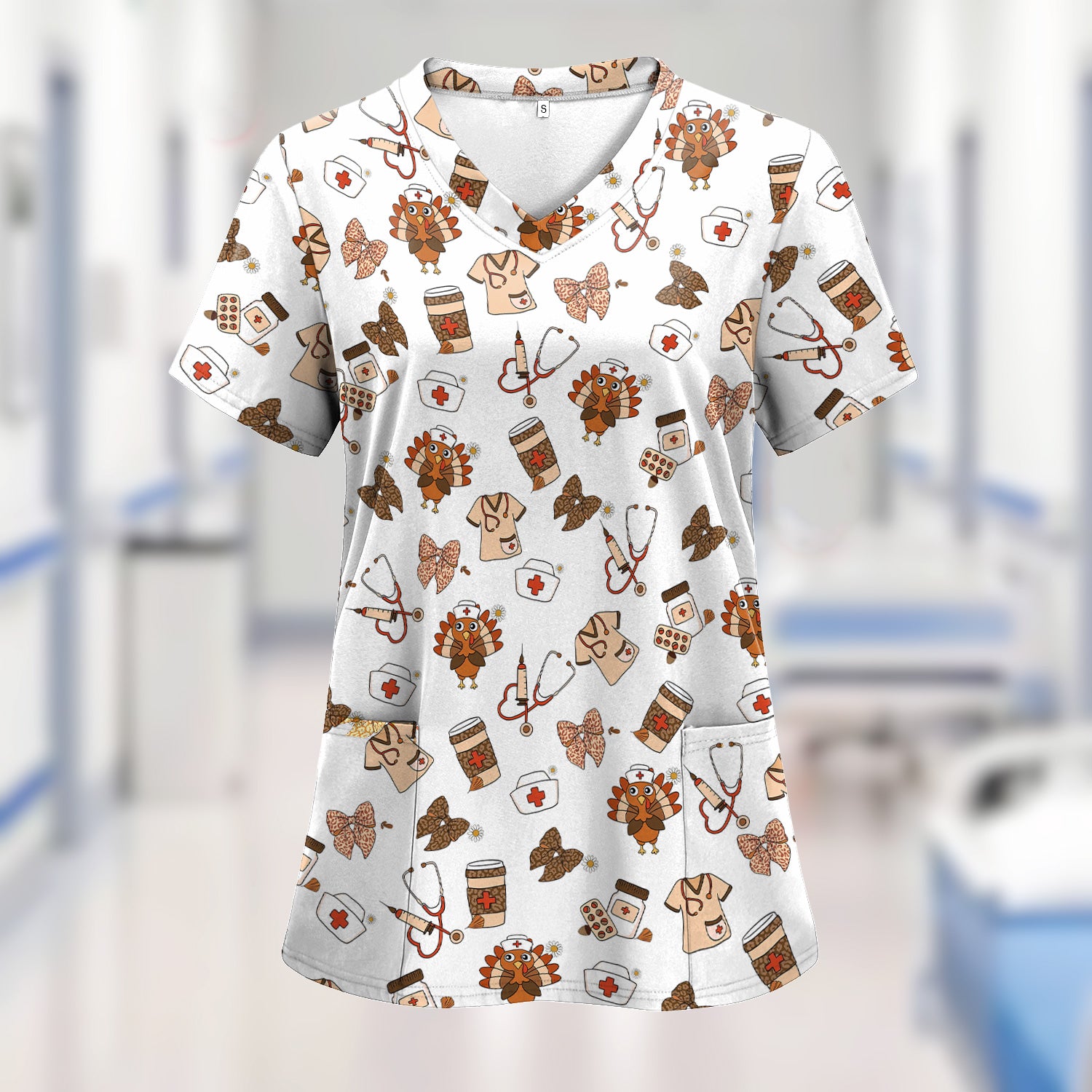 Cute Nurse Fall Season Scrub Top - Thanksgiving Turkey & Stethoscope Medical Design  - Gift for RN LPN CNA