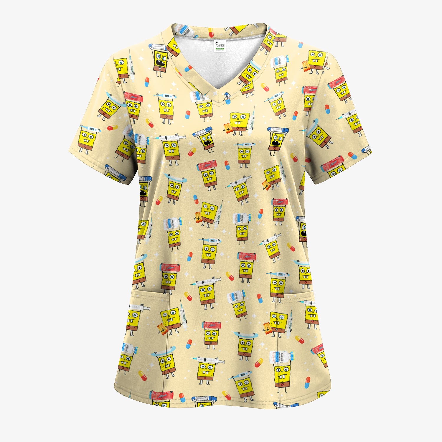 Cartoon Character Scrub Top - All-Over Print Doodle Medical Characters - Gift for RN LPN Healthcare Workers