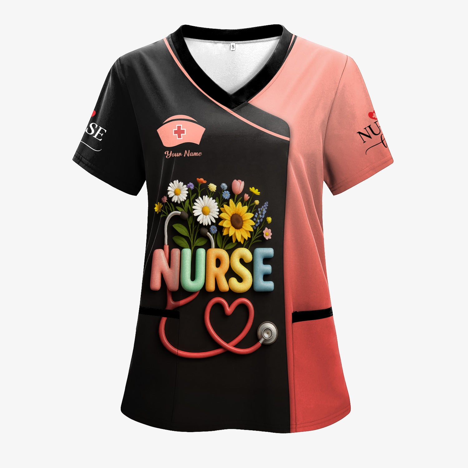 Colorful Floral Nurse Shirt - Personalized Scrub-Style Tee with Heart Stethoscope & Daisies - Gift for RN CNA LPN