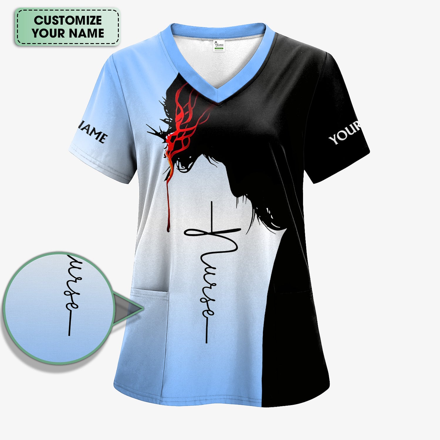 Personalized Christian Nurse Scrub Top - Christian Cross & Jesus Faith Design - Gift for RN LPN CNA