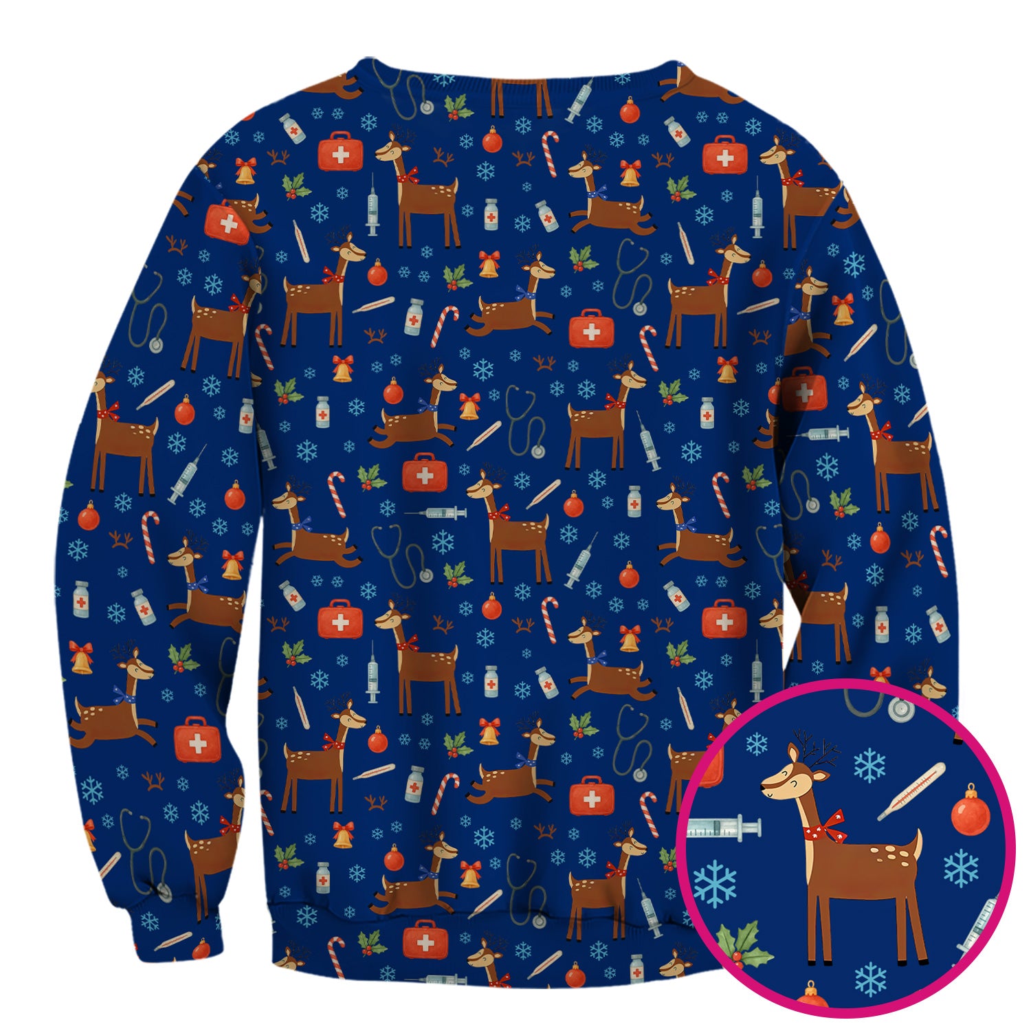 Christmas Reindeer Scrub Top for Nurses - Cute Reindeers Snowflakes Candy Canes Shirt - Comfortable Med Uniform