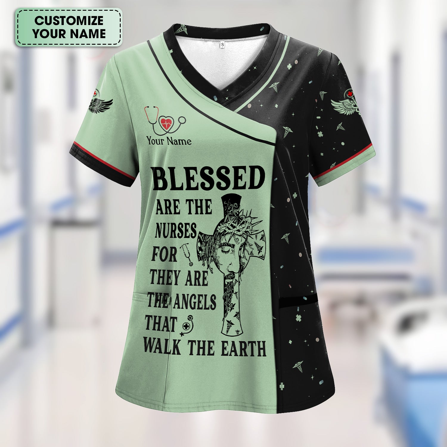 Personalized Christian Nurse Scrub Top - Jesus Cross & Angels That Walk The Earth Quote - Gift for Women RN LPN