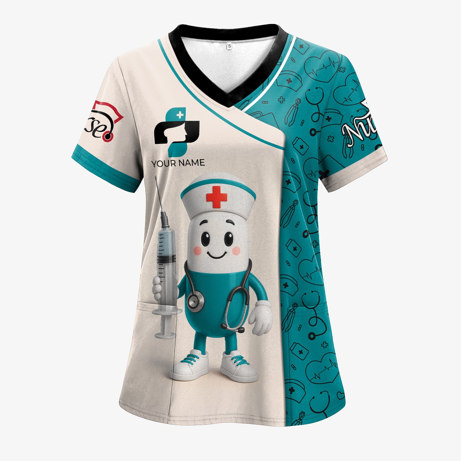 Personalized Medical Nurse Shirt - Cute Pill Cartoon Doctor with Syringe Stethoscope Design - Custom Name Gift for RN LPN CNA Multiple Color Options Available