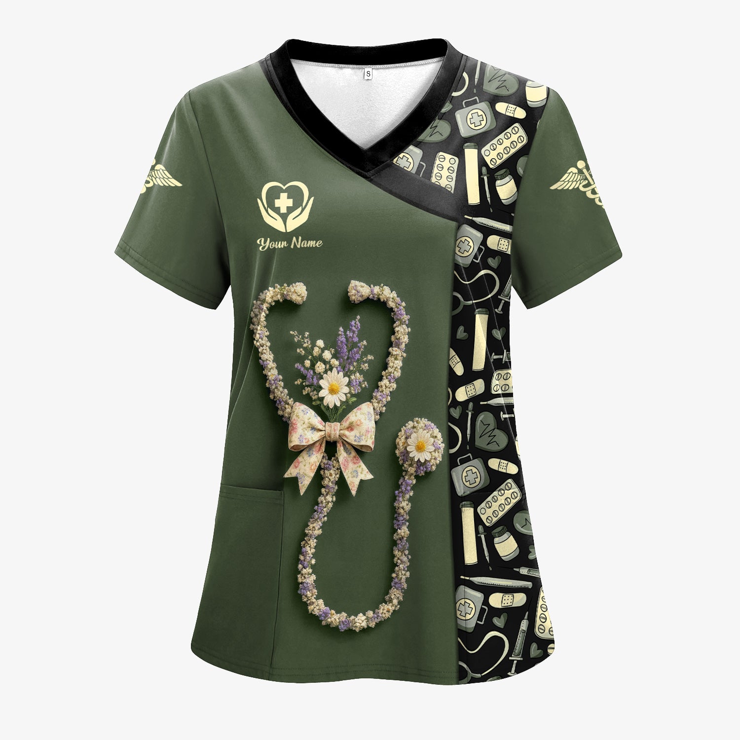 Colorful Nurse Scrubs for Women RN CNA LPN - Inspirational Floral Stethoscope Top with Heart Design - Gift for Healthcare Workers with Custom Name