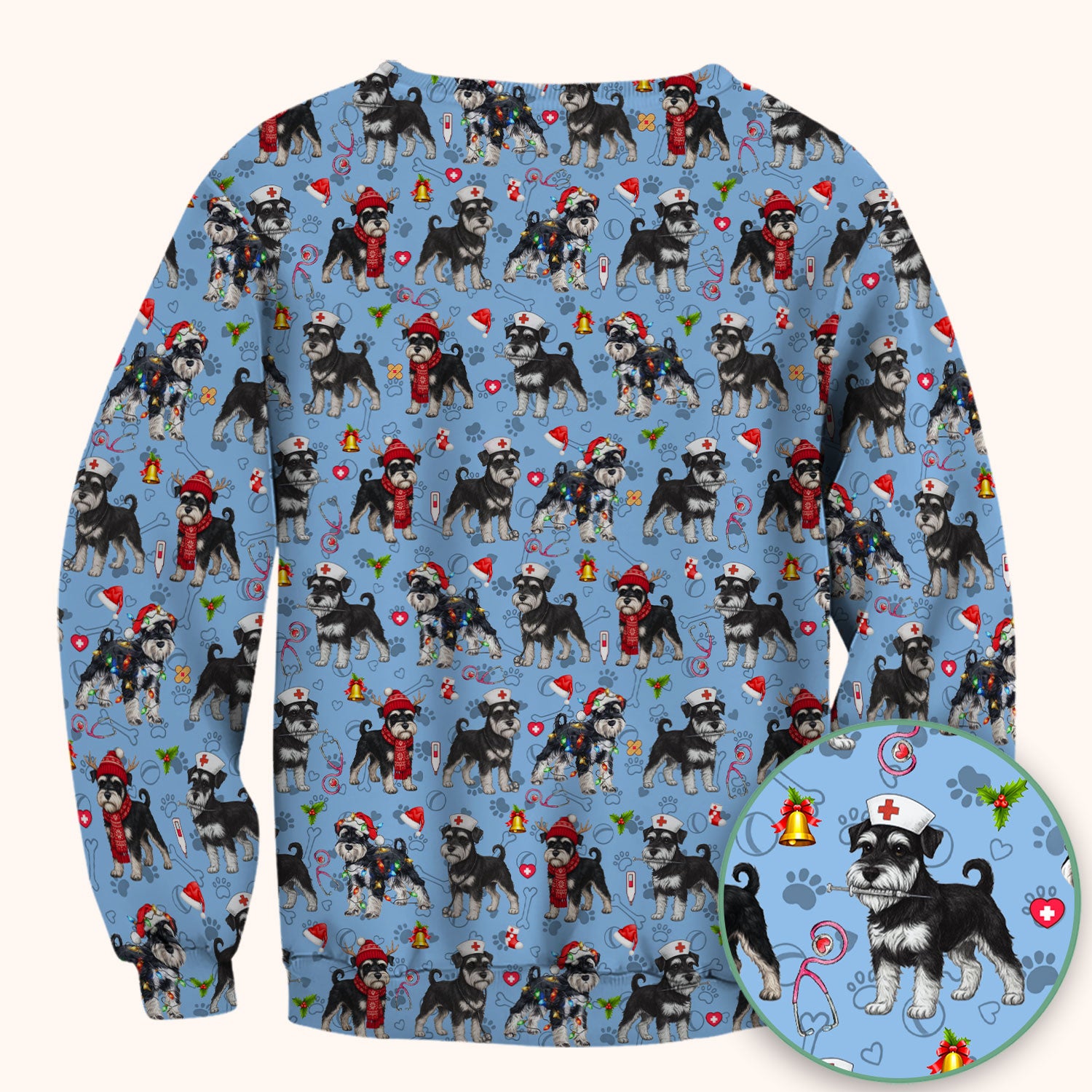 Christmas Schnauzer Scrubs for Nurses - Cute Dog Holiday Scrub Top - Funny Santa Nursing Medical Shirt for Women