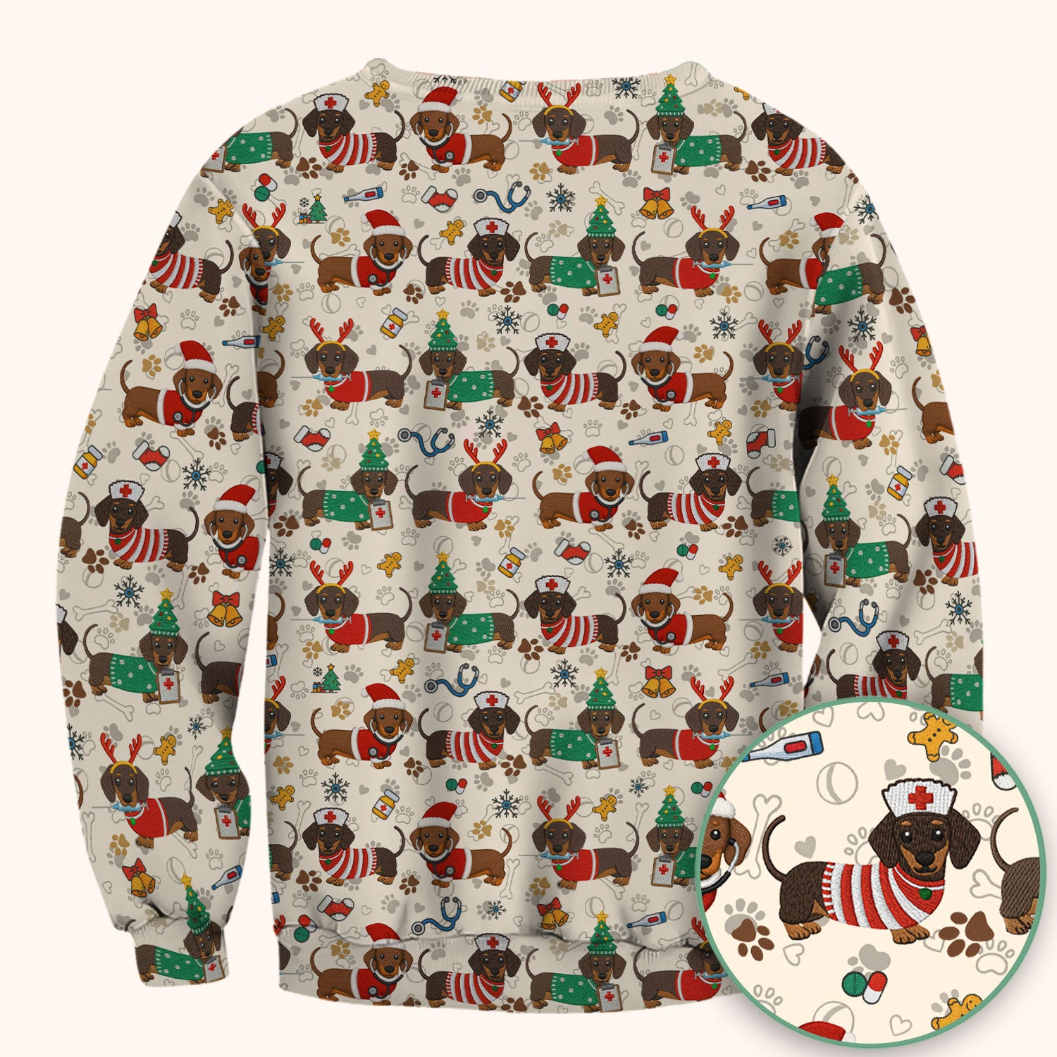 Christmas Dachshund Scrub Top for Nurses - Cute Wiener Dog Pattern Medical Shirt - Festive Holiday Scrubs Gift for Women RN CNA LPN