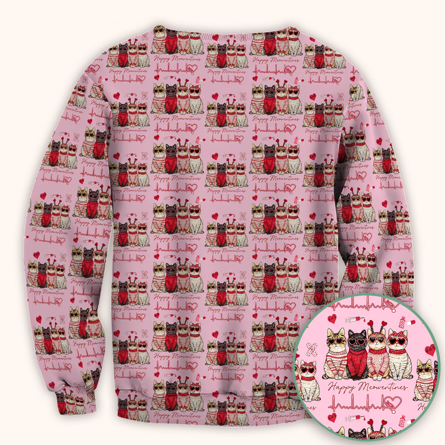 Happy Meowtines Cat Pattern Scrub Top, Valentine Cat Lover Nurse Scrub Shirt, Heartbeat Medical Pattern Nursing Uniform