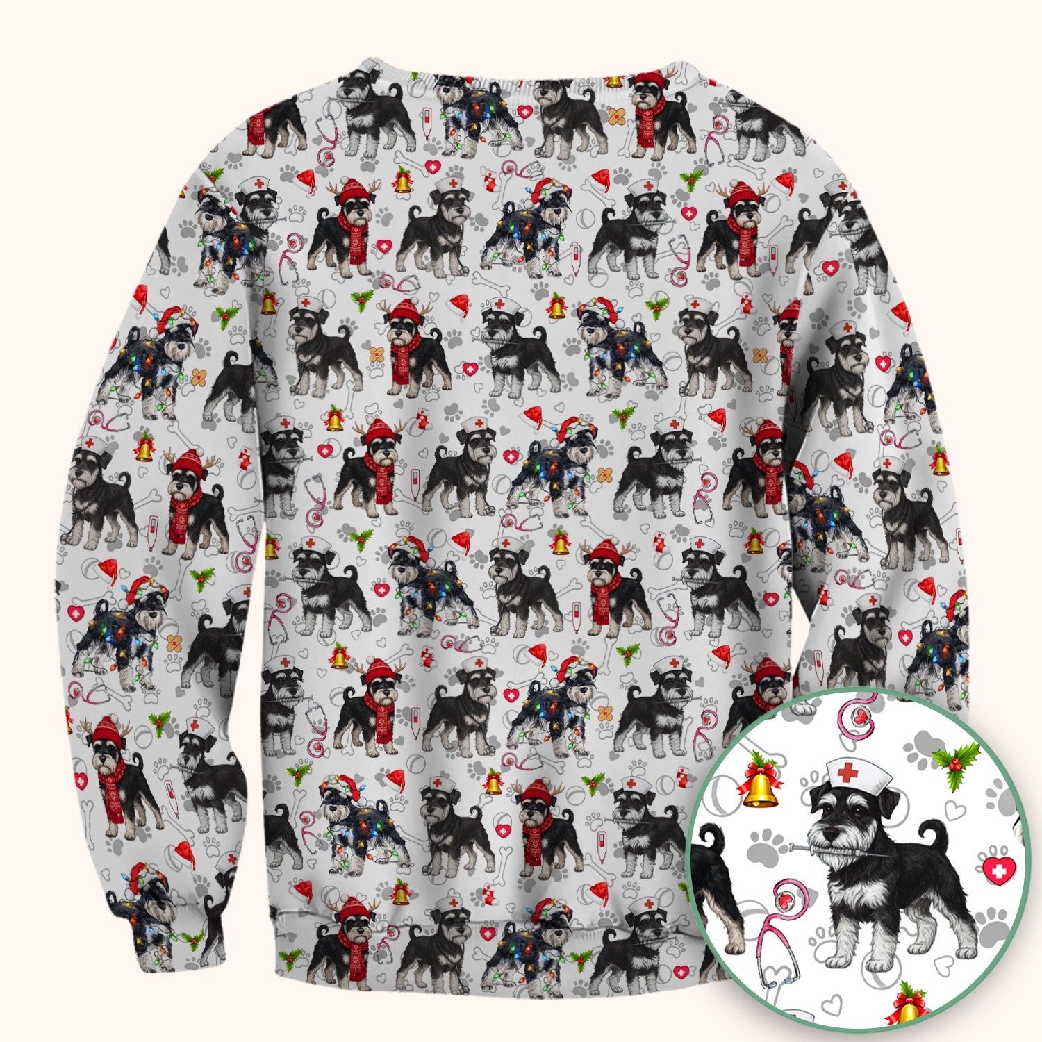 Christmas Schnauzer Scrubs for Nurses - Cute Dog Holiday Scrub Top - Funny Santa Nursing Medical Shirt for Women