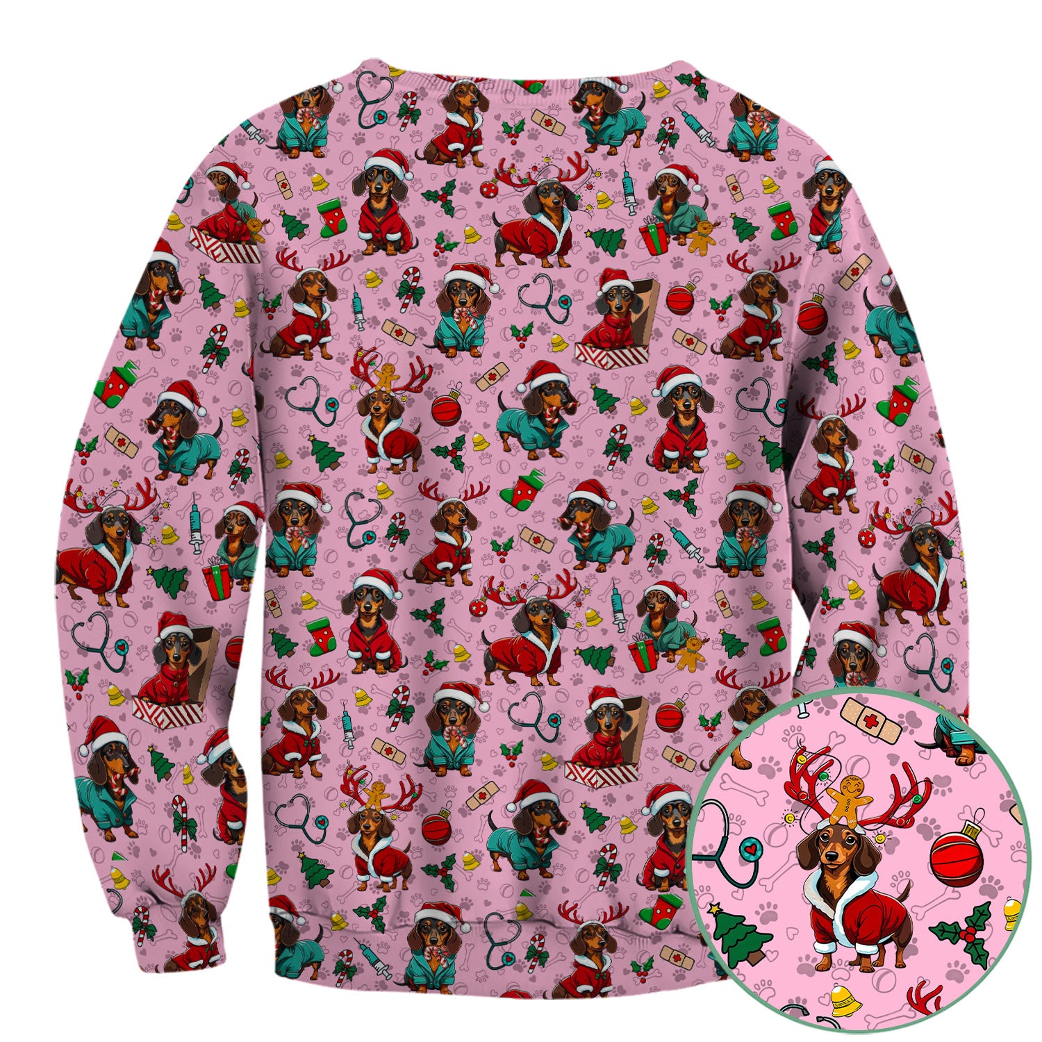 Christmas Dachshund Scrubs for Nurses - Cute Sausage Dog Holiday Scrub Top - Funny Reindeer & Santa Medical Shirt for Women
