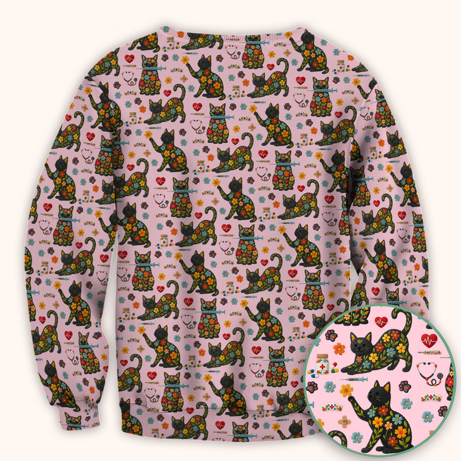 Floral Black Cat Pattern Scrub Top, Cute Cat Nurse Scrub Shirt, Medical Nursing Uniform