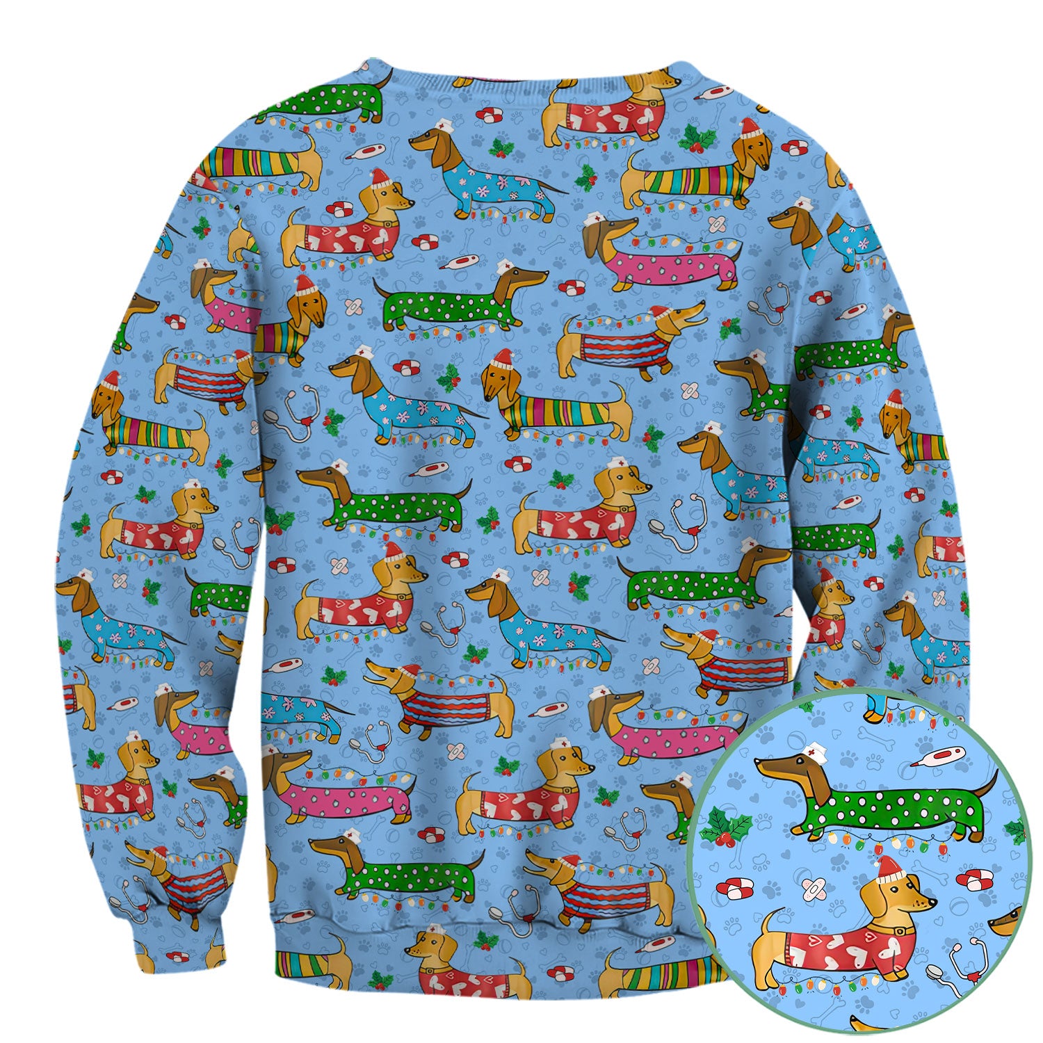 Christmas Dachshund Nurse Scrub Top - Cute Wiener Dog in Holiday Outfit - Funny Medical Shirt Gift for Women RN LPN CNA